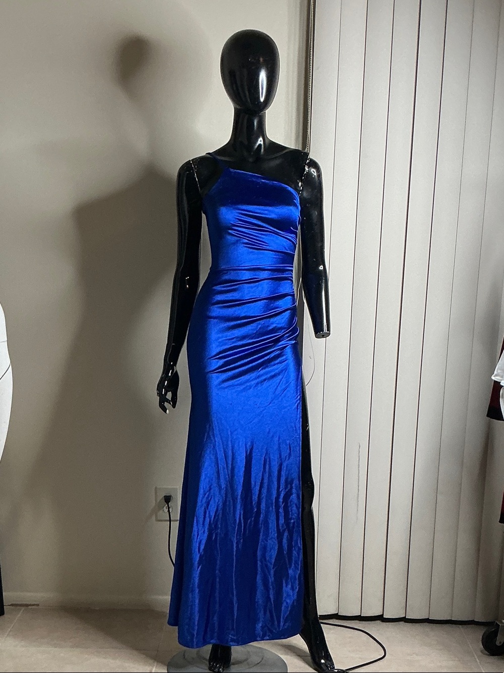 One-Shoulder Royal Blue Satin Evening Gown